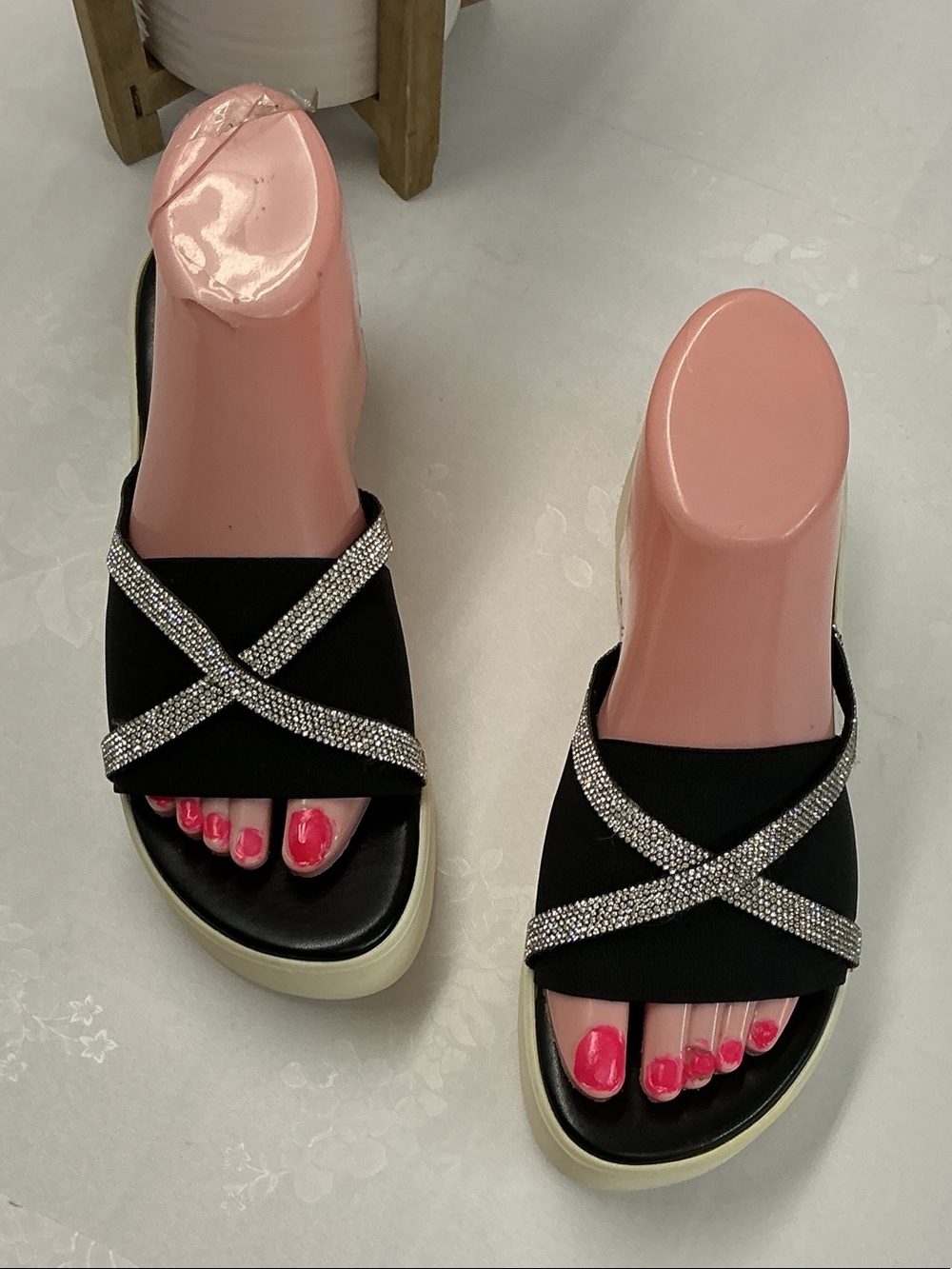 Black Rhinestone Crisscross Slide Sandals - Women's
